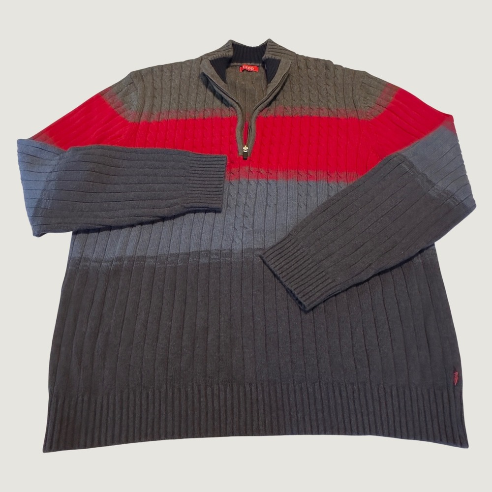IZOD Sweater Grey Red Colorblock Quarter Zip Pullover XL Cotton Cable Knit